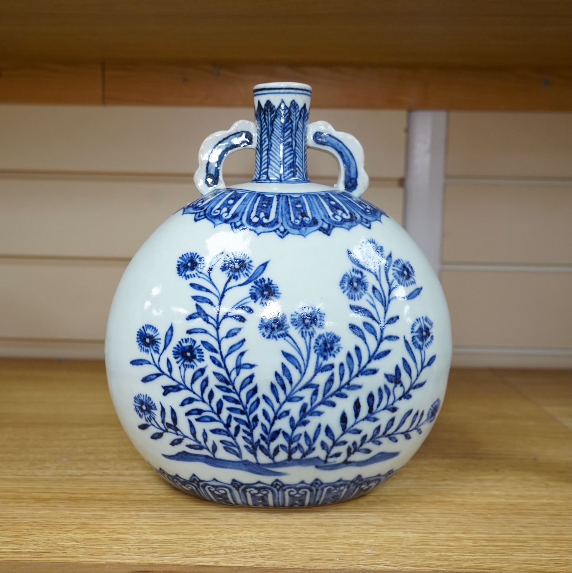 A Chinese blue and white moonflask, 26cm. Condition - good